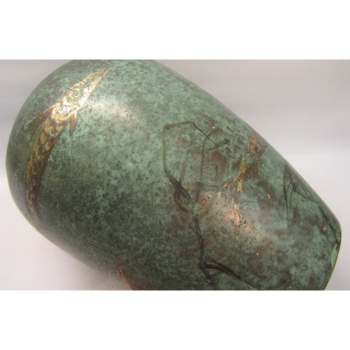 45 - An art deco WMF green patinated baluster vase decorated with silver Barracuda and seaweed.  WMF mark... 