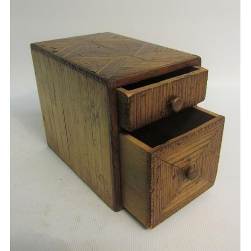 88 - A 19c straw work miniature chest of two drawers.  8cms w x 10cms h.