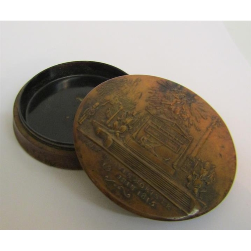 95 - An early 19c pressed Maple snuff box, the lift off lid with a scene of the fall of Napoleons guard a... 