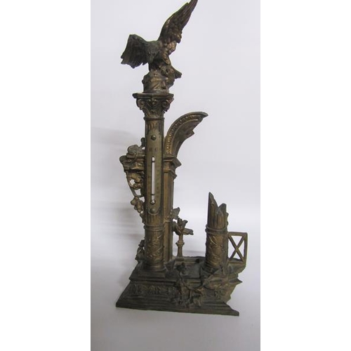 43 - A Victorian gilt spelter ink stand with thermometer in the form of a classical column amongst a ruin... 