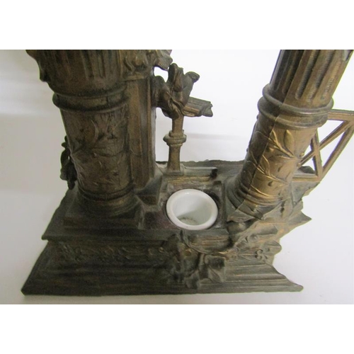 43 - A Victorian gilt spelter ink stand with thermometer in the form of a classical column amongst a ruin... 