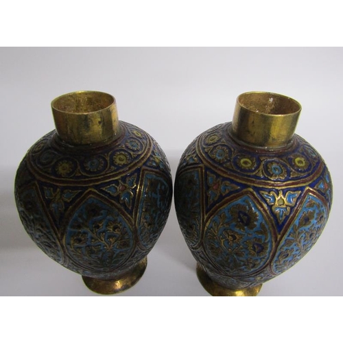 66 - A pair of 19c Indian brass and enamel tea canisters of baluster form decorated with ovoid panels of ... 