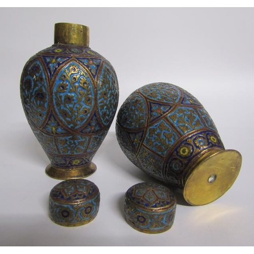 66 - A pair of 19c Indian brass and enamel tea canisters of baluster form decorated with ovoid panels of ... 