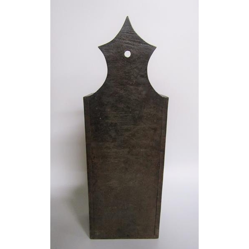 76 - A 19c burr wood wall hanging candle box with sliding cover.  16cms w 46cms h.