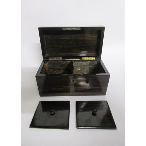 77 - An early 19c Coromandel two compartment tea caddy bearing a label Field Maker 67 Regent Street Londo... 