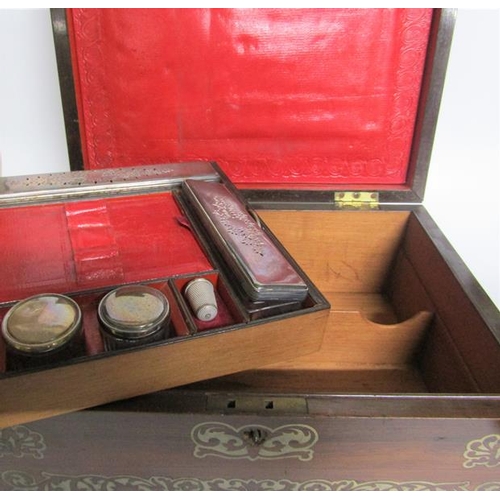 79 - Early 19c rosewood needlework manicure box of rectangular form with hinged cover, cut brass inlaid w... 