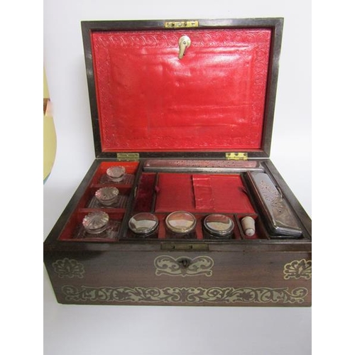 79 - Early 19c rosewood needlework manicure box of rectangular form with hinged cover, cut brass inlaid w... 