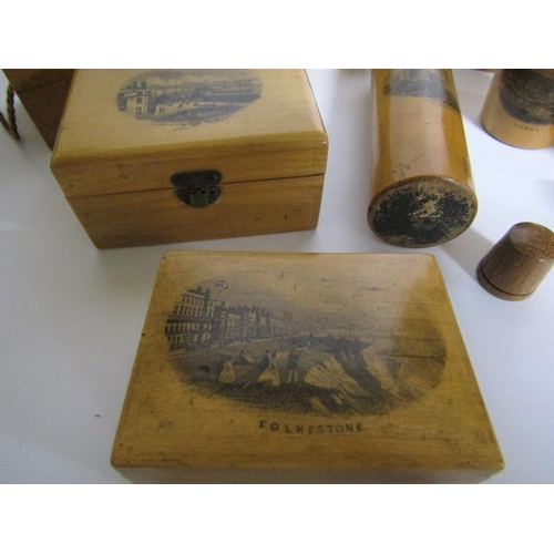 97 - A collection of seven mauchline ware boxes together with acorn thimble holder, a thimble and a powde... 