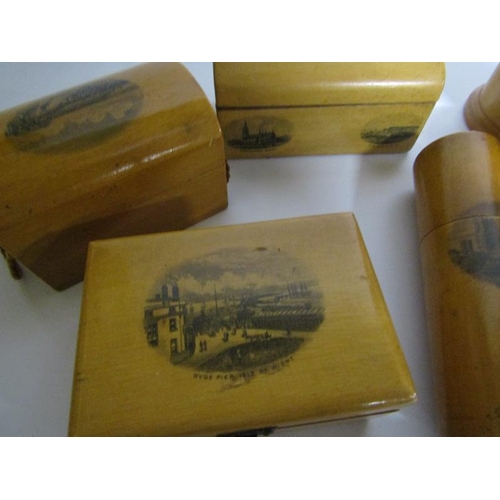 97 - A collection of seven mauchline ware boxes together with acorn thimble holder, a thimble and a powde... 