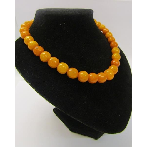 156 - A string of thirty three graduated butterscotch amber beads.  40cms l.  Total weight 38.6g.