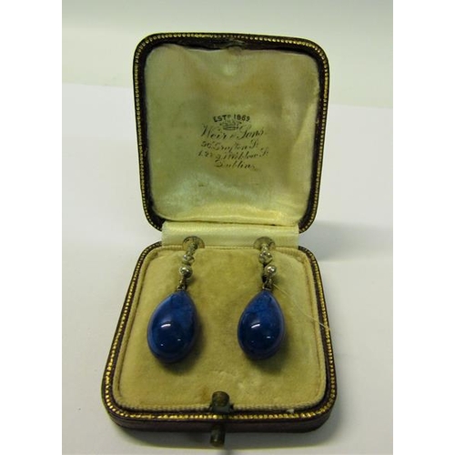 159 - A pair of Edwardian Lapis Lazuli ear drops with ovoid beads, in box.