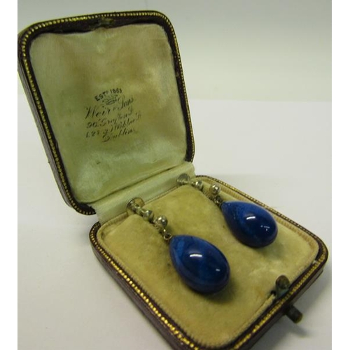 159 - A pair of Edwardian Lapis Lazuli ear drops with ovoid beads, in box.