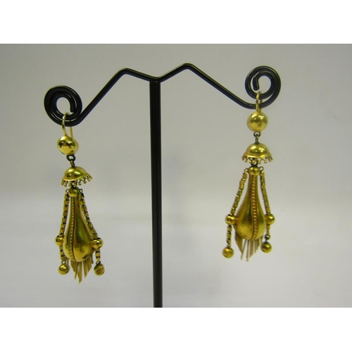 162 - A pair of early 20c Continental high carat gold earrings with tassel orb shaped pendants.  40mm long... 