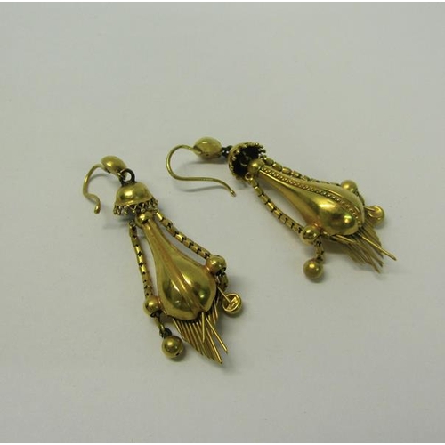 162 - A pair of early 20c Continental high carat gold earrings with tassel orb shaped pendants.  40mm long... 