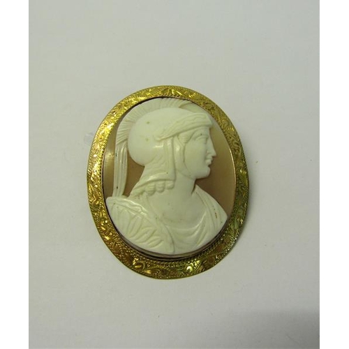 168 - A Greek warrior cameo brooch of oval form set in a 9ct gold engraved mount.  5cms w.