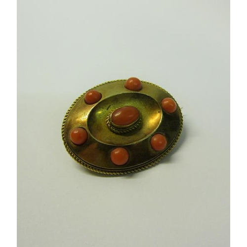 174 - A gold Coral bead set memoriam brooch, 3cms w.  Total weight 8.4g.