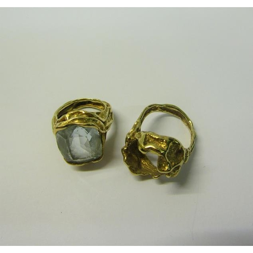 176 - Two 18ct gold rustic formed rings, one set with cut Aquamarine, the other empty.  Total weight 20.5g... 