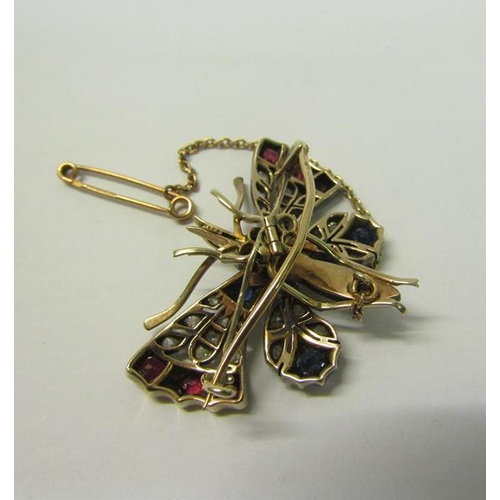 178 - A gold Butterfly brooch set with diamond, ruby, sapphire and pearls, with a safety chain.  Brooch 4.... 