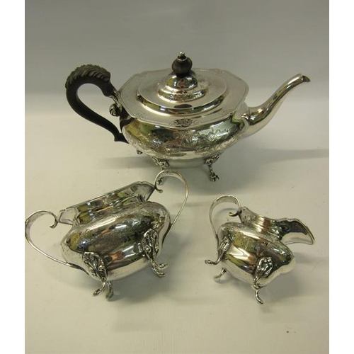 279 - A silver three piece bachelors teaset comprising teapot, sucrier and cream jug.  All of squat balust... 