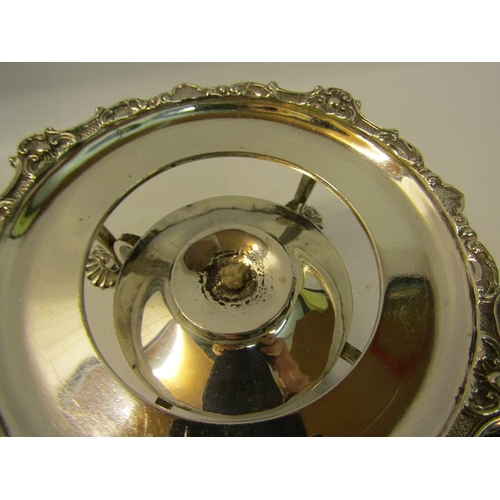 281 - A late Victorian silver plate warmer of circular form supported on four legs with burner, having a g... 