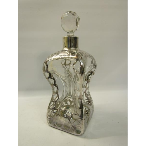 287 - A late 19/early 20c clear glug glug decanter, decorated with cased open silver work with stopper.  2... 