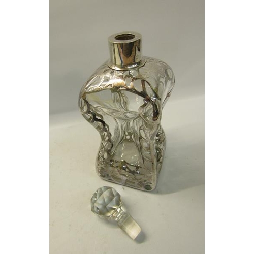 287 - A late 19/early 20c clear glug glug decanter, decorated with cased open silver work with stopper.  2... 