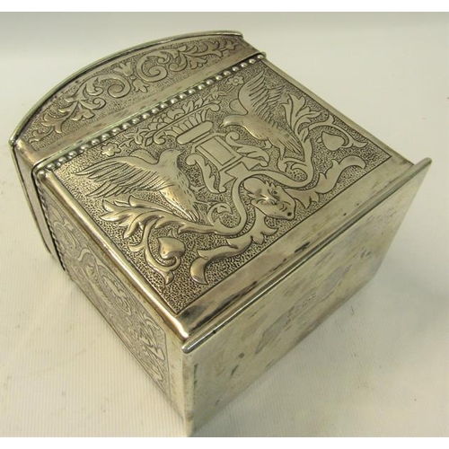 255 - A Victorian silver early Keswick School of Industrial Art tea caddy with hinged dome cover.  Embosse... 