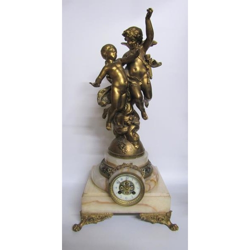 10 - A late 19c French figural mantel clock the gilt spelter statues by E J Ferrand depicting Eros and a ... 