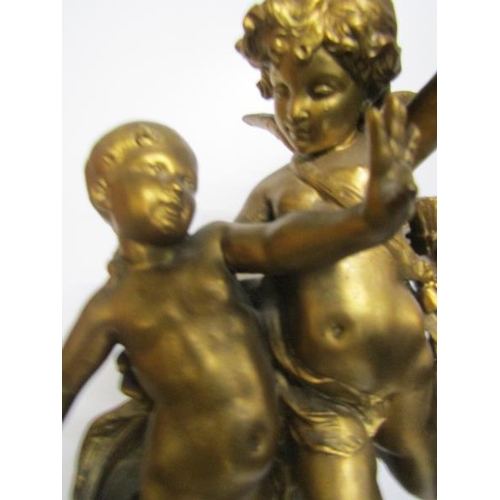 10 - A late 19c French figural mantel clock the gilt spelter statues by E J Ferrand depicting Eros and a ... 