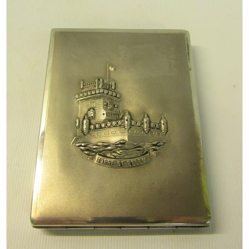 103 - An early 20c white metal castle top cigarette box, the castle named Torre de Belem.  8cms w x 10.5cm... 