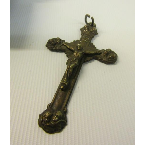 109 - A Victorian white metal crucifix shrine in an arched leather easel case.  10.5cms h.