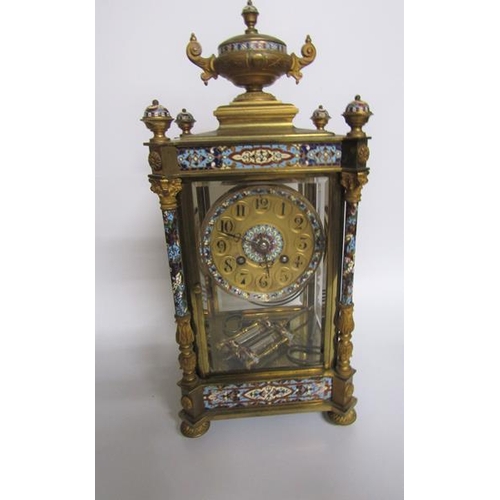 11 - A late 19c French four glass mantel clock in glazed brass case inlaid with blue ground champlevé ena... 