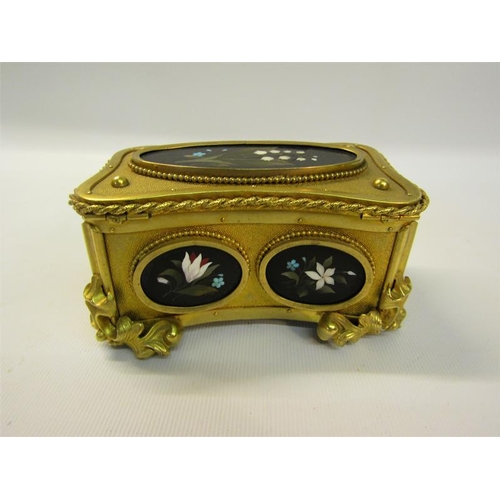 110 - A French 19c ormolu jewel casket decorated with five pietra dura floral panels, all of oval form.  T... 