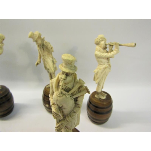 112 - A late 19c German group of six carved ivory street musicians standing on wooden barrels, each figure... 