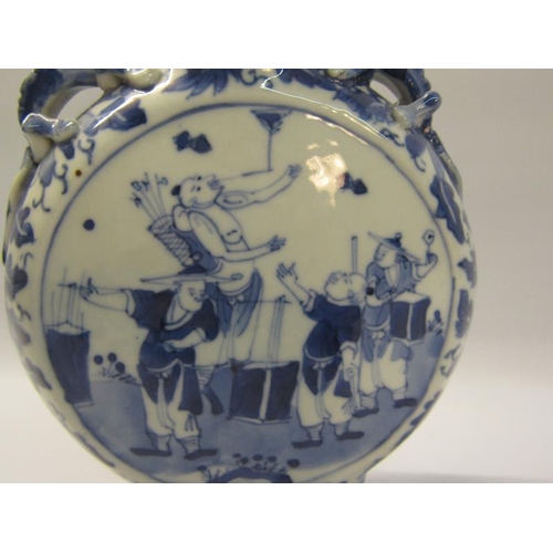 358 - A 19c Chinese moon flask, blue on white decorated with panels of entertainers and moulded serpents t... 