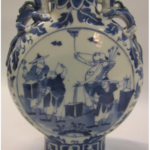 358 - A 19c Chinese moon flask, blue on white decorated with panels of entertainers and moulded serpents t... 