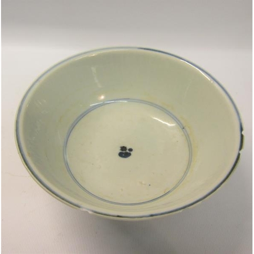 362 - Late 18/early 19c Chinese bowl with base rim, blue on white decorated with a figure on an island set... 