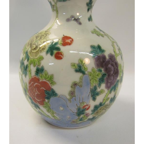 364 - A 19c double gourd vase painted with flowers and insects, double blue circle mark to base.  22.5cms ... 