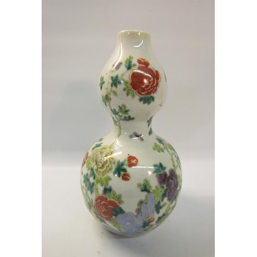 364 - A 19c double gourd vase painted with flowers and insects, double blue circle mark to base.  22.5cms ... 