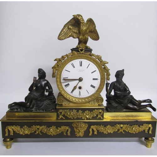 7 - Early 19c English mantel clock the dial signed F Battens (Baetons?) London in a bronze and ormolu dr... 