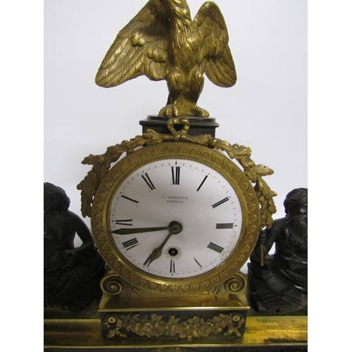 7 - Early 19c English mantel clock the dial signed F Battens (Baetons?) London in a bronze and ormolu dr... 