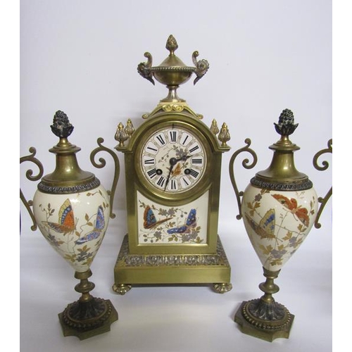 9 - Late 19c French Garniture de Cheminée comprising a clock and two urns.  The clock has a rectangular ... 