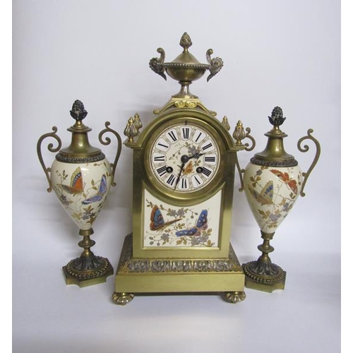 9 - Late 19c French Garniture de Cheminée comprising a clock and two urns.  The clock has a rectangular ... 