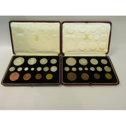 145 - Two sets of 1937 Royal Mint specimen coins in tooled red leather boxes.