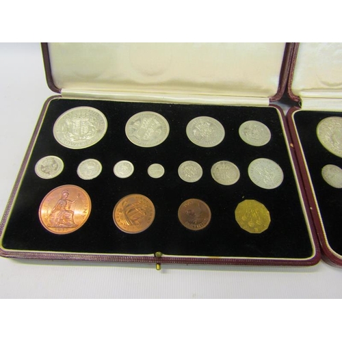 145 - Two sets of 1937 Royal Mint specimen coins in tooled red leather boxes.