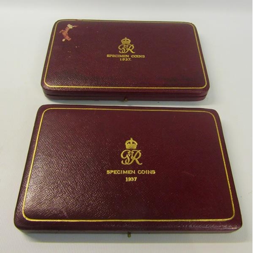 145 - Two sets of 1937 Royal Mint specimen coins in tooled red leather boxes.