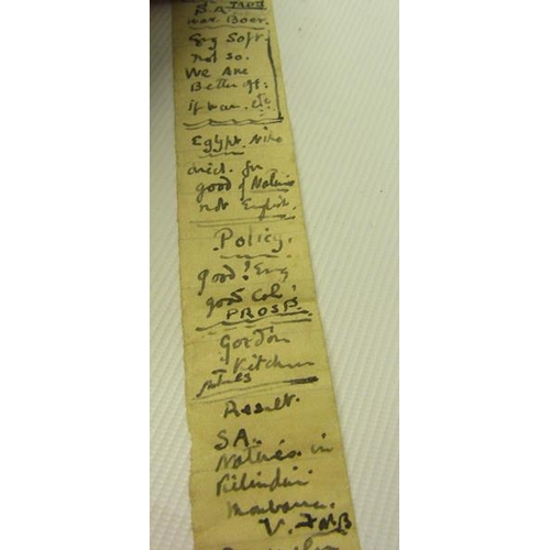 150 - A rare carrier pigeon tape used in the Boer War post prepared in ink on paper code in a colour straw... 