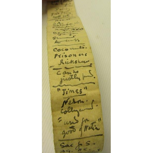 150 - A rare carrier pigeon tape used in the Boer War post prepared in ink on paper code in a colour straw... 