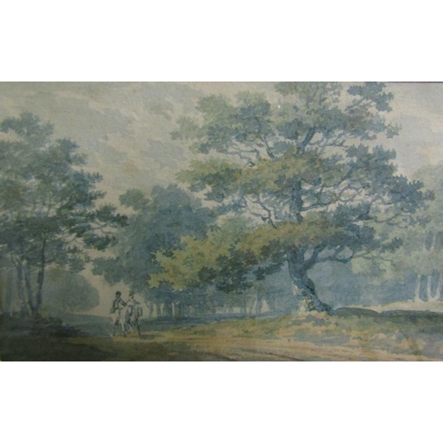 441 - George Barret 1728/1784 (signed on verso) riders on a woodland path, watercolour.  Framed and glazed... 