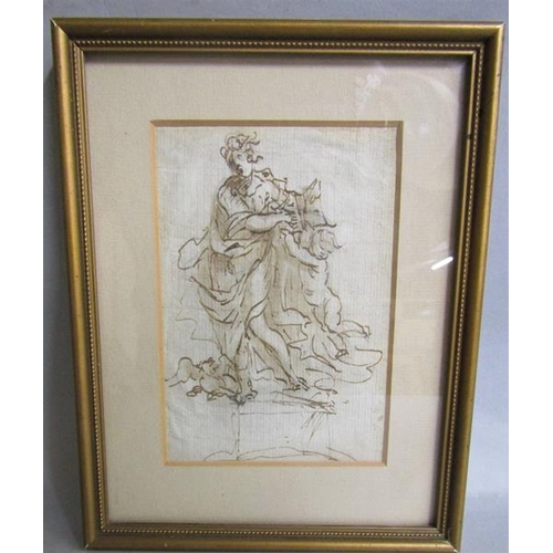 442 - Unsigned late 17c/early 18c - preliminary sketch of a lady with Putto.  Framed and glazed 5cms x 9cm... 